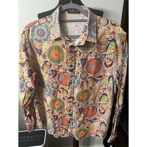Luc Matton Unisex XL Cotton Linen Blend Colorful Button Down Shirt Fun Print EUC